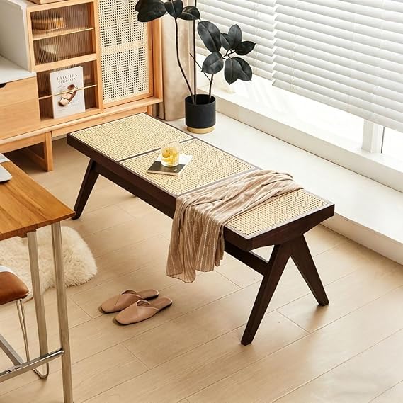 Solid Wood Farmhouse Bench for Slim Entryway Bench with Breathable Rattan Seat, Stable/Comfortable/Easy Installation for Kitchen, Living Room, Hallway, End of Bed(Walnut,50.4x17.7x17.7inch)