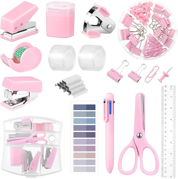 Mini Office Supplies, Purple School Supplies with Sticky Notes,Mini Stapler,Tape Dispenser,Hole Punch,Staple Remover,Staples,Clips,Scissor,Pen (Pink)