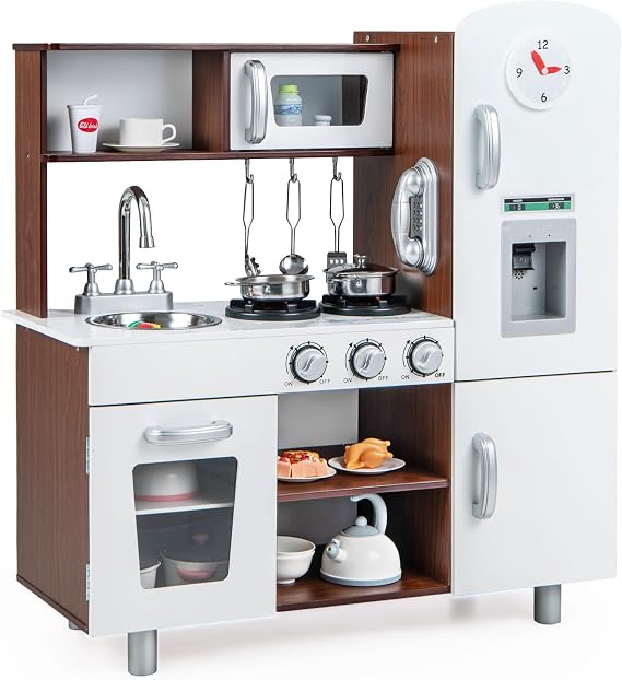 COSTWAY Kids Play Kitchen, Wooden Pretend Cooking Playset with Light, Sound, Accessory Utensils, Toy Telephone, Children's Chef Role Play Set for Boys Girls (Brown)
