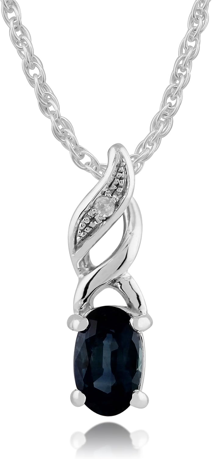 Gemondo 9ct White Gold Oval Sapphire Classic Pendant Necklace Blue With Diamonds