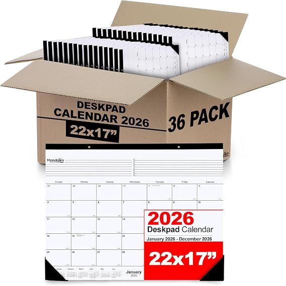 2026 Desk Calendar 22x17 Inch - Large Monthly Wall/Desk Pad Calendar with Corner Protectors, Tear-Off Pages, Eyelets for Hanging - January to December 2026 Daily Wall Planner - 36 Pack