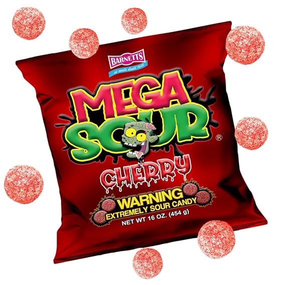 Barnetts - Mega Sour Candy Cherry 454g - Trendy Sweet Bags - Traditionally Handmade Sweets - Sour Coating Lasts 20 Seconds - Candies for Party Bag, Gift Hamper, or Hamper Box