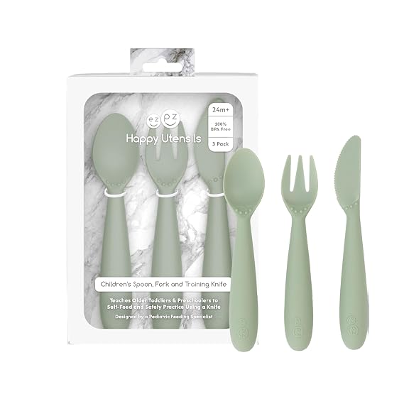 ezpz Happy Utensils (Sage) - 24 Months+ Fork, Spoon and Knife