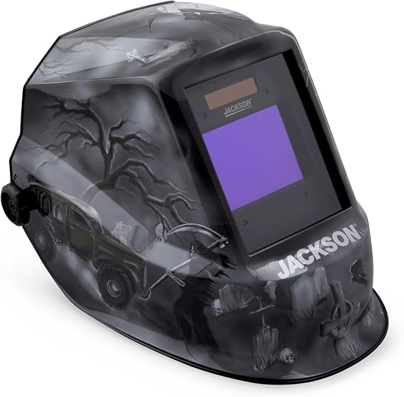 Jackson Safety Premium Graphic Welding Hood with Digital ADF - Ultra Lightweight Auto Darkening Welding Helmet - ANSI Z87.1 (Multiple Styles) | Lightweight Ergonomic Welding Hood with Fixed ADF & Special Graphics, 3.94" x 2.36" Viewing Area, Variable Shade 3/10