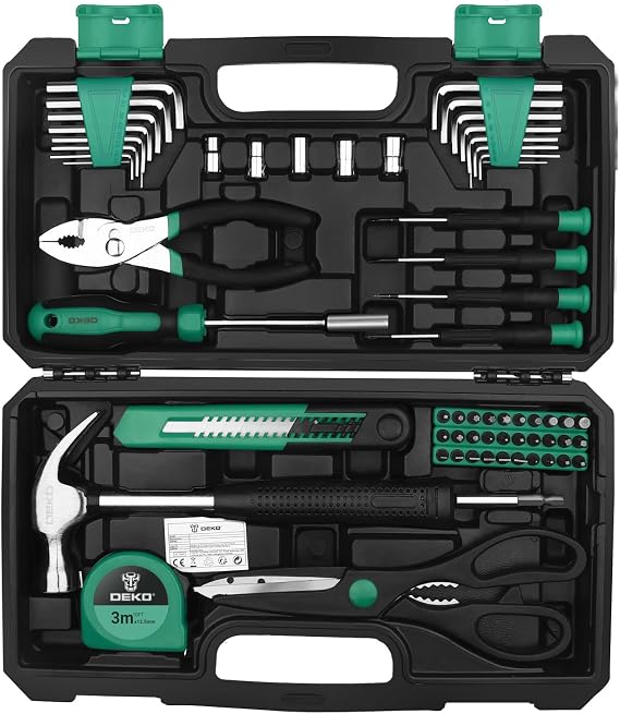 DEKOPRO 62-Piece Small Tool Box Compact Hand Tool Set for Home and Office DIY Basic Household Tool Set for Starter Repairs in One Portable Tool Box (Green)