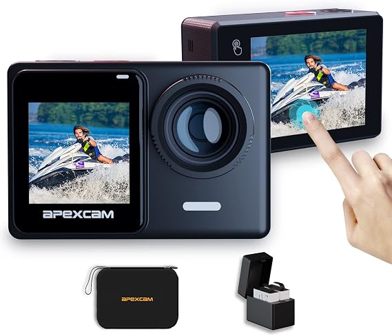 Apexcam 4K/60FPS Action Camera with Touch Screen EIS 24MP 40M Waterproof Sports Camera Ultra HD 170°Wide-Angle 2.4G Remote Control Support External Mic 2 Rechargeable Batteries and Accessories Kit