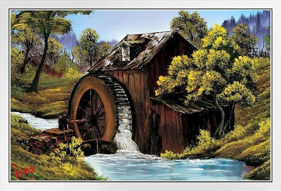 Bob Ross The Old Mill Art Print Painting Bob Ross Poster Bob Ross Collection Bob Art Paintings Happy Accidents Bob Ross Print Decor Mountains Painting Wall Art White Wood Framed Art Poster 14x20
