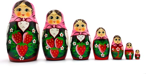 Wooden Russian Nesting Dolls with Strawberries Set 7 pcs - Baboushka Nesting Dolls - Matryoshka Dolls