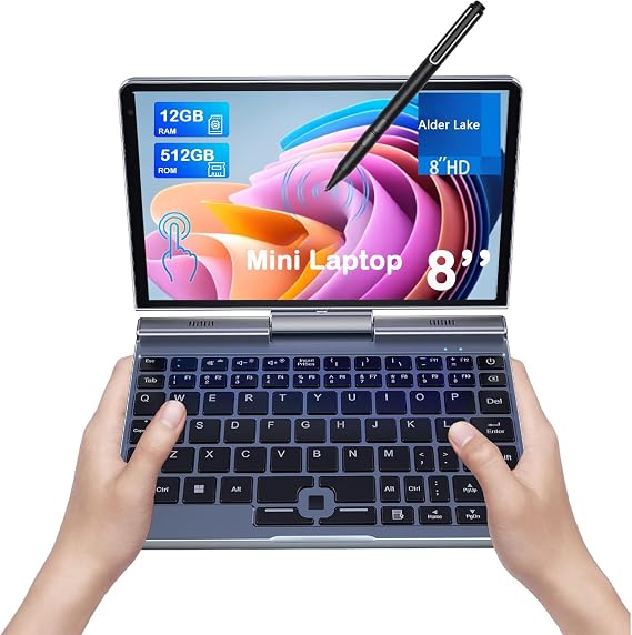 Mini Laptop, Small Laptop Win11 Pro 8 inch HD Touch Screen 2-in-1 Pocket PC 12GB LPDDR5 RAM, 512GB/1TB SSD Wi-Fi 6,BT 5.2,HDMI,2MP Camera Convertible Laptop (N150-12GB+512GB)