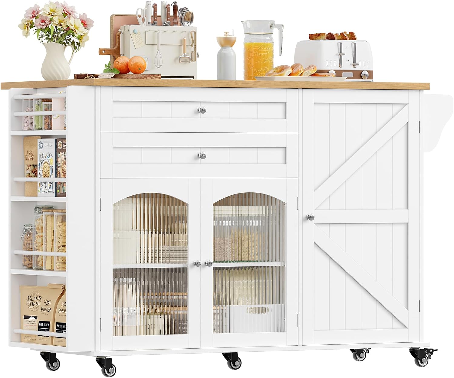 FirFurd Kitchen Island Kitchen Storage Trolley on Wheels Mobile Storage Island with Foldable Worktop Spice Rack Towel Bar Rolling Sideboard Storage Cabinet Dining Room 132x40x97.5cm White