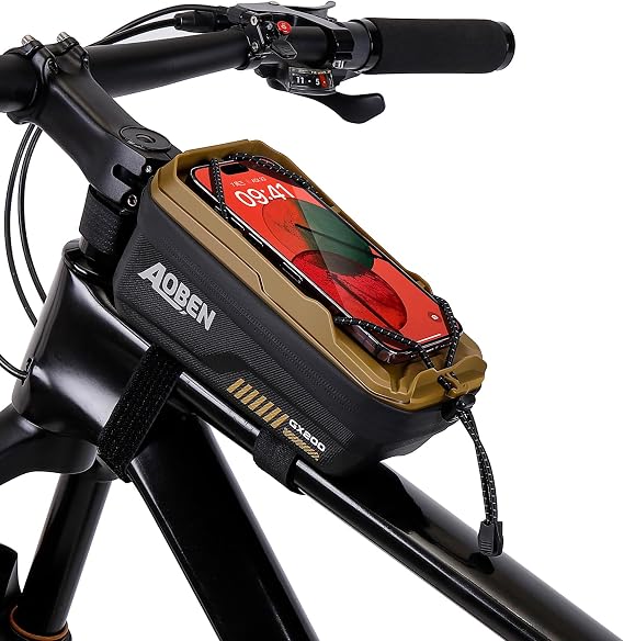 Aoben Bike Bicycle Phone Front Frame Bag for Mountain Bike Road Bike, EVA Hard Casing Bike Phone Holder Bike Phone Mount for MTB, Bike Bicycle Accessories for Cell Phone Under 6.8 Inches (Tan)
