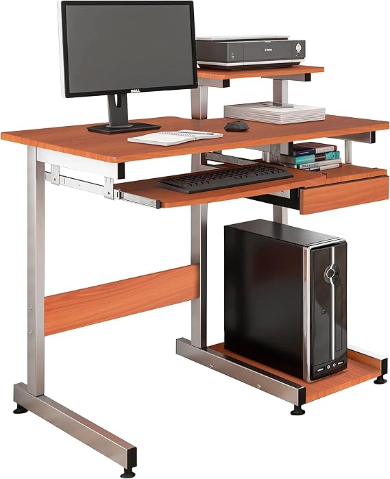 Techni Mobili 38"W Desk with Printer/Keyboard Tray & CPU Platform, Cherry