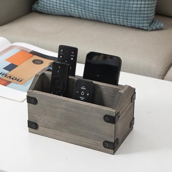 Stone Gray Wood Remote Control Organizer Wooden Tabletop Storage Caddy Two Compartment Holder TV Game Consoles Sorter Cell Phone Kitchen Utensils Office Supplies Living Room Home Bedroom