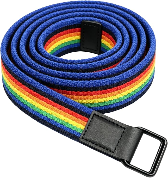 Colorful Rainbow Canvas Belt with Double Square Ring Buckle for Men Women Girls Causal Belt