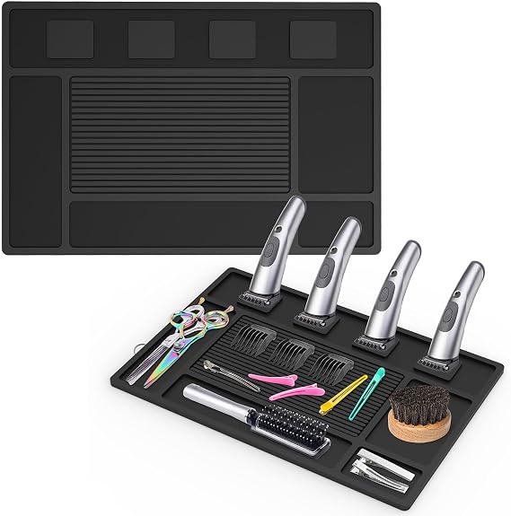 Magnetic Barber Mat for Clippers,Station Barber Tool Organizer Mat Rubber for Scissors Salon Barber shop Beauty Tools with 4 Slots Flexible Silicone Barber Pad Non-Slip Professional Barber Accessories