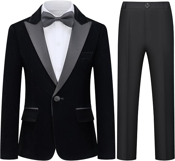 Boys Tuxedo Suit Slim Fit 3 Piece Velvet Tux Blazer Jacket Pants Bow Tie Toddler Kids Wedding Formal Outfit Set