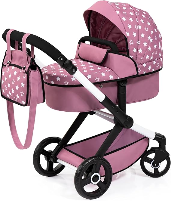 Bayer Design Xeo Doll Pram, 18" Foldable Pink Stroller with Bag, Stars