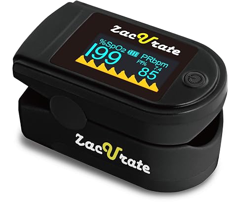Zacurate 500 Series Fingertip Pulse Oximeter Blood Oxygen Saturation Monitor with Silicon Cover, Batteries and Lanyard (Mystic Black - OLED)