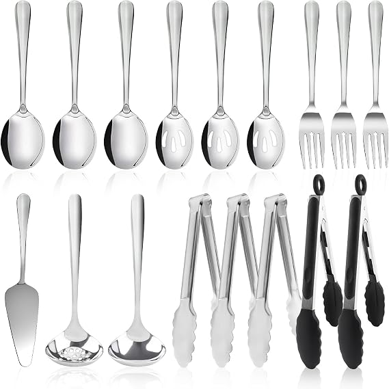 17PCS Serving Spoons and Utensils Set, Stainless Steel Serveware Silver