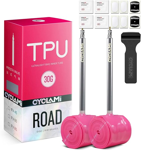 2-Pack TPU Inner Tube 700C, 30g Road Bike Tube Compatible with 700x18/23/25/28/30/32C Metal Presta Valve 45/65/85mm -TPU Road Bike Tire 28'' (with a Multi-Functional Tire Pry Bar)