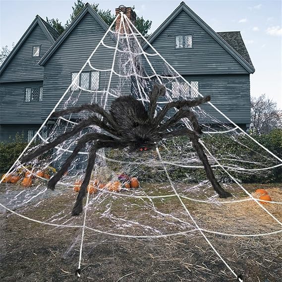 Giant Hairy Spider with Triangle Huge Spider Web for Indoor Outdoor Halloween Decoration Yard Lawn Home Party Haunted House Decor