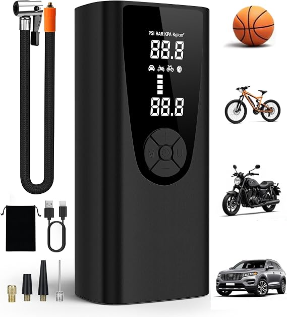 Tire Inflator Portable Air Compressor-Car Tire Air Pump Portable-180PSI Cordless Electric 3X Fast Inflation, Tire Inflator with Gauge, LED, for Bike, Motorcycle, Ball