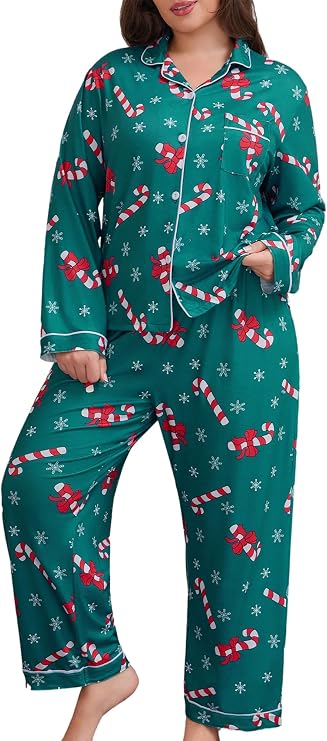 Christmas Pajamas for Women Set 2 Piece Plus Size Pj Cute Xmas lounge Sets Long Sleeve Button Down Sleepwear