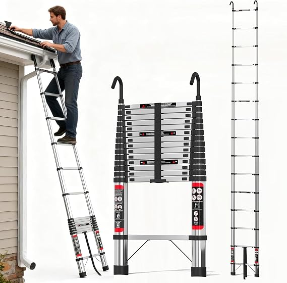 5m Telescopic Ladder with Detachable Hooks - Stable & Adjustable Height