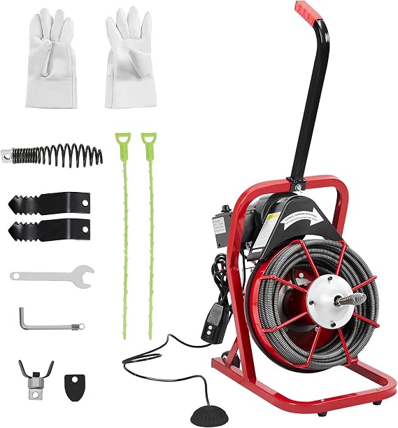 Drain Cleaner Machine, 75 FT x 3/8 Inch Sewer Auger Auto Feed, Drain Cleaning Machine with 4 Cutters & Air-activated Foot Switch for 2" to 4" Pipes, Portable Electric Drain Auger Cleaner