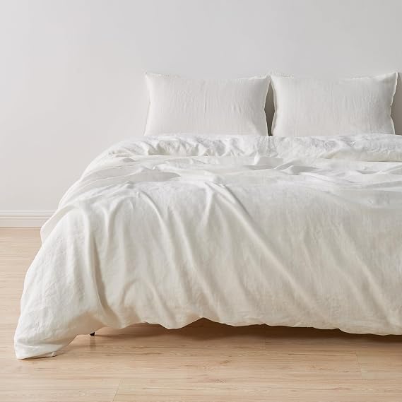 100% Pure European Flax Linen Duvet Set - 3 Pc Full/Queen Size Duvet Cover with Shams - Breathable for Hot Sleepers, Durable Bedding Set - Corner Ties & Zipper Closure (Full/Queen, Cloud)