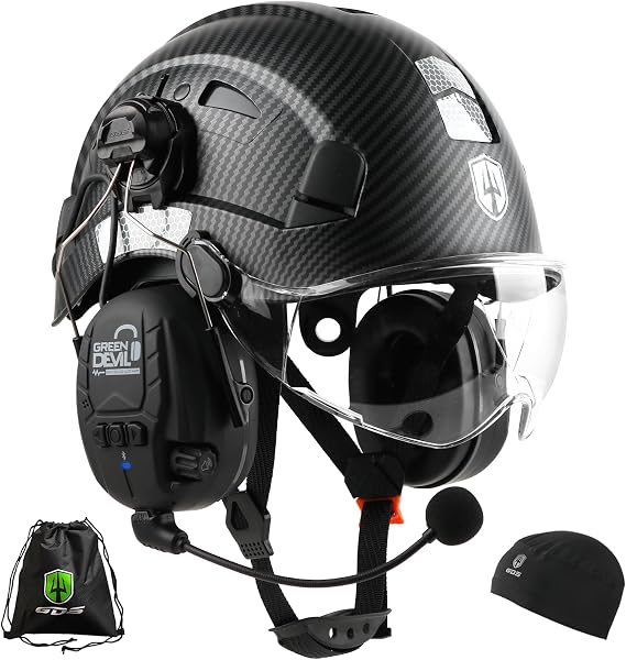 GREEN DEVIL Safety Helmet Hard Hat with Visor and Bluettoth Ear Muffs Vented Work Helmet for Men and Women ANSI Z89.1 Approved Hardhat Ideal for Industrial & Construction