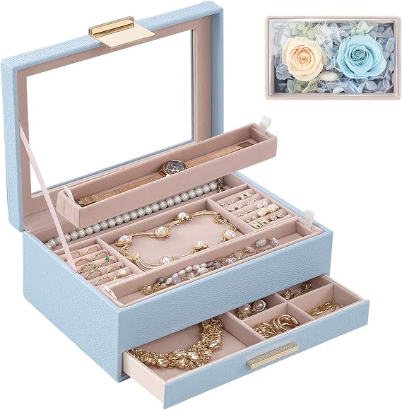Lolalet Jewelry Organizer with Glass Lid, 2-Layer Jewelry Box Case with Drawer, Earrings Watch Ring Display Storage -Blue