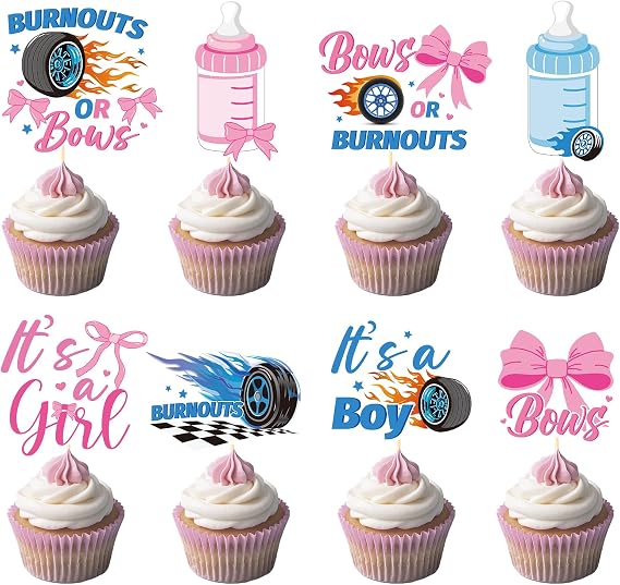 Burnouts or Bows Gender Reveal Cupcake Toppers Party Decor 40PCS