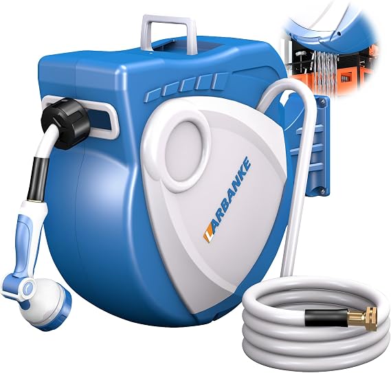 Larbanke 1/2 in 100 ft Garden Hose Reel,Wall-Mounted Hose Reel with Bottom Drain,180 Rotating Bracket,with 10-Function Sprayer Nozzle,Lock/Slow Return System,Equipped with Waterproof Bag,Blue