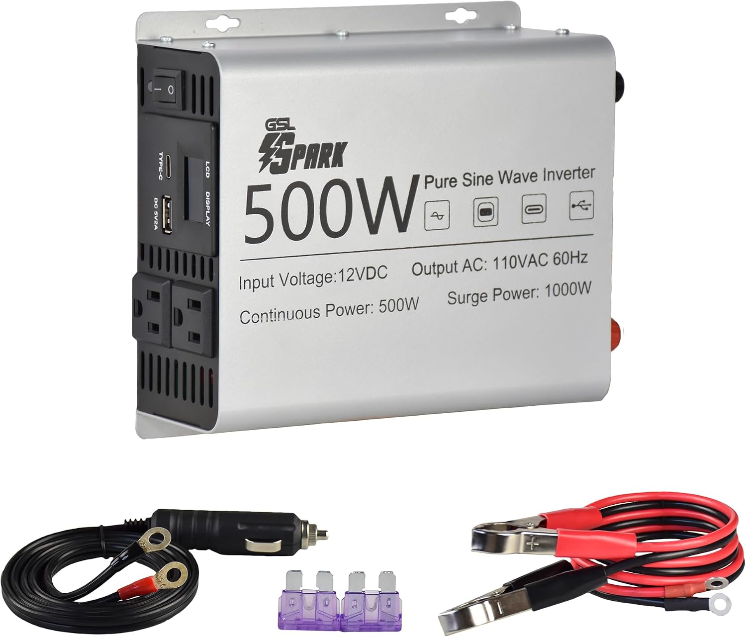Pure sine Wave Inverter 500W Rated Power 1000W Surge Power, DC12V to AC 110V 60Hz with Dual AC Output receptacles, USB-A and Type-C Port Output, LCD Display