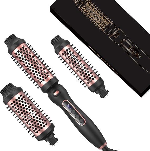 Thermal Brush Set 3-in-1 Curling Iron Brush Set, Dual Voltage 110-220V Thermal Hair Brush with 11 Temp Settings, 3 Interchangeable Travel Curling Irons (1.25, 1.5, 1.75" Barrels) (Pink)