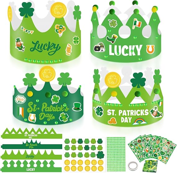 Cinrobiye 24 Set St. Patricks Day Crown Craft Kit,Green Shamrock Clover Gold Coin DIY Crown Hat St. Patrick's Art Craft Ornaments Making Crafts for Classroom Activities Irish Party Favor Supplies