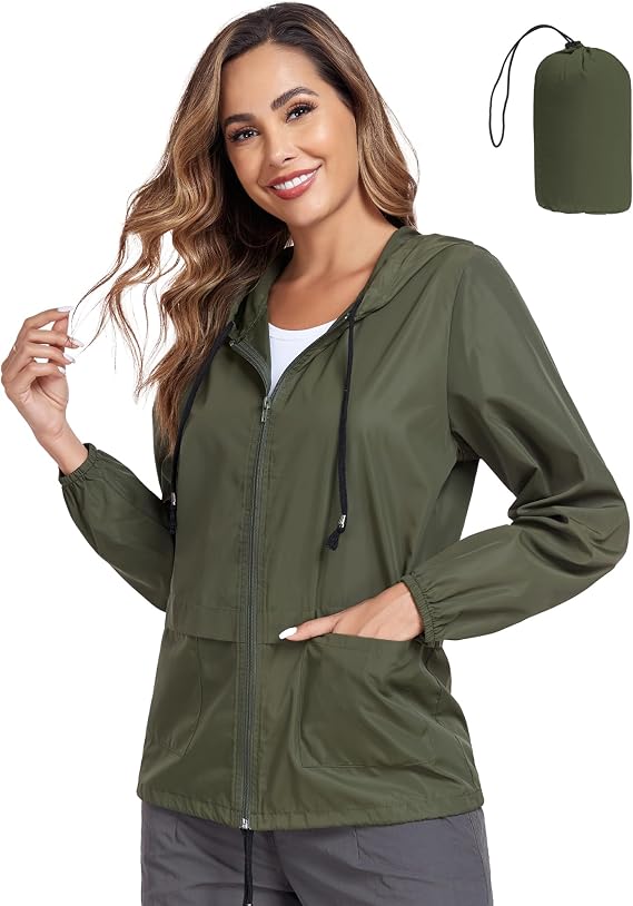 Women's Raincoat Waterproof Windbreaker Hooded Lightweight Packable Rain Jacket with Back Zipper Coats S-XXL