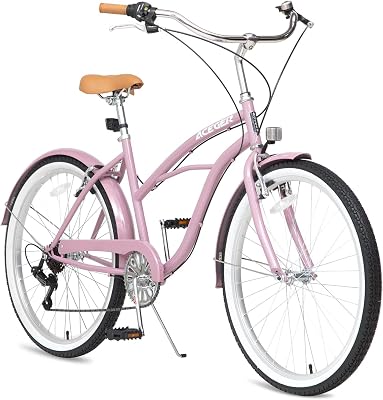ACEGER 24 26 Inch Women Beach Cruiser Bike, Single Speed and 7 Speed, Adult Hybrid Bike Commuter Bicycle, Hi-Ten Steel Frame with Adjustable Handlebar and Saddle, Multiple Colors