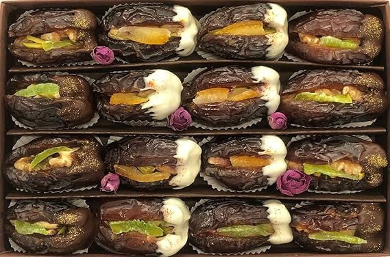 Medjool Dates Gift Box Stuffed Nuts & Chocolate Covered | Edible Gold & Saffron Garnished