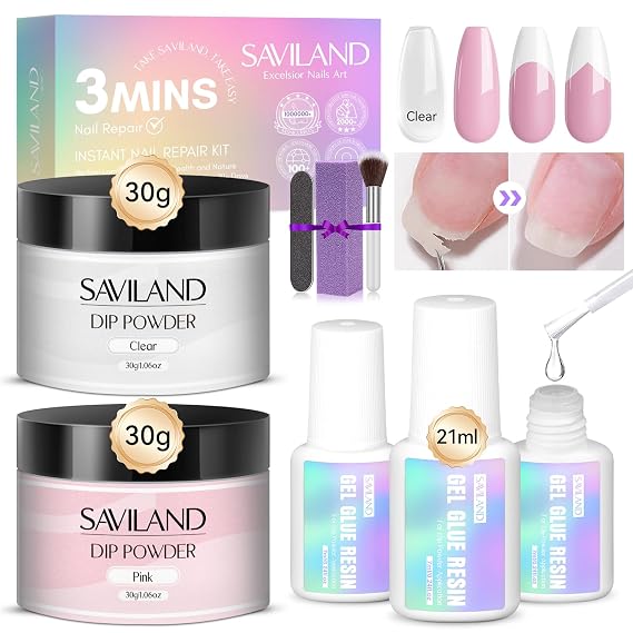 SAVILAND 60g Clear+Pink Nail Repair Kit with 21ml Nail Glue For Split Nails | 3 Mins Air Dry Quick Repair, for Weak, Broken or Damaged Natural Nails, Emergency Restores Nail Strength, Home & Salon Use