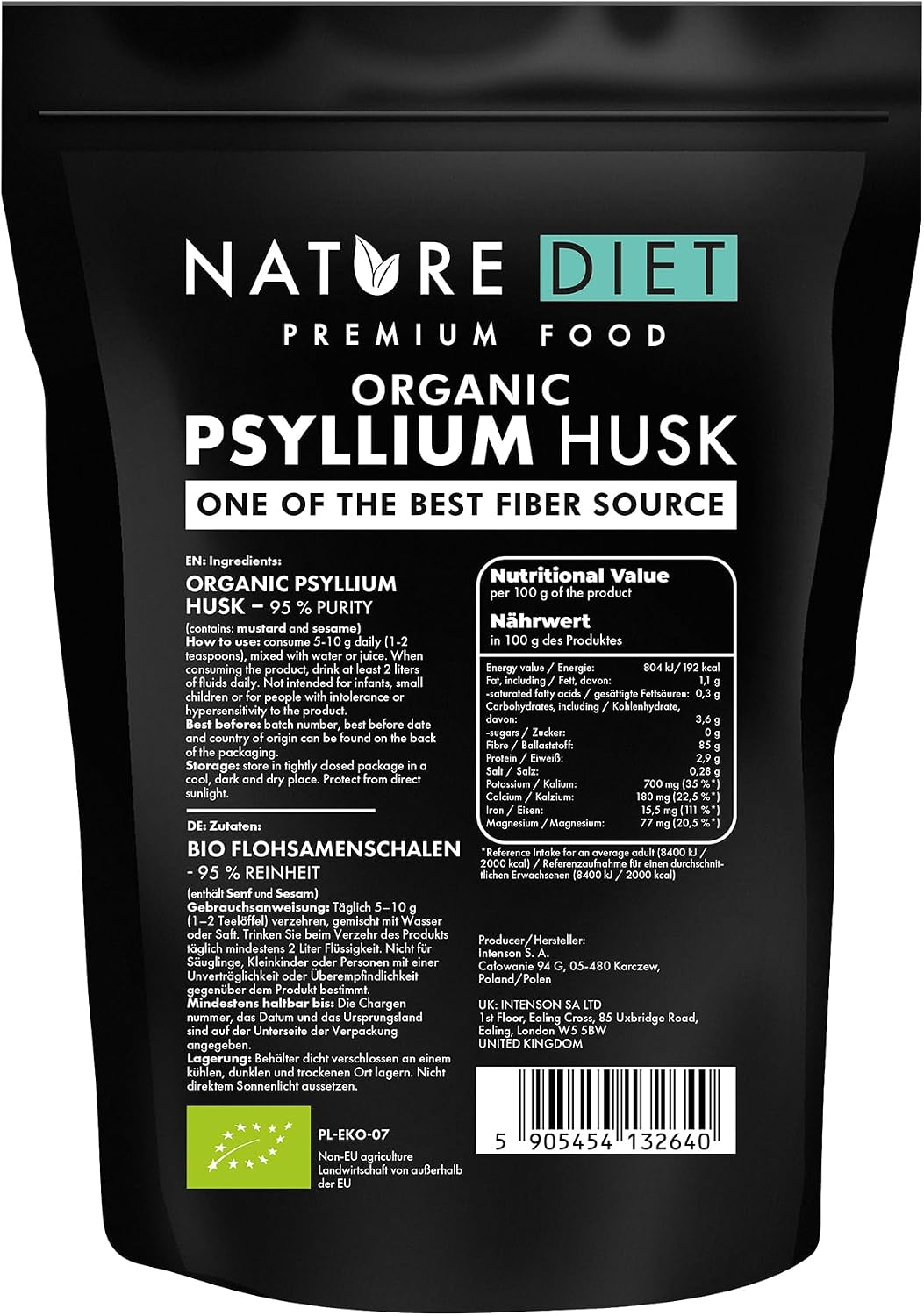 Organic Bio Psyllium Husk | 450 g | 95% Purity | High-Fibre Content | Vegan & Gluten-Free | EU Organic Certified | by Nature Diet