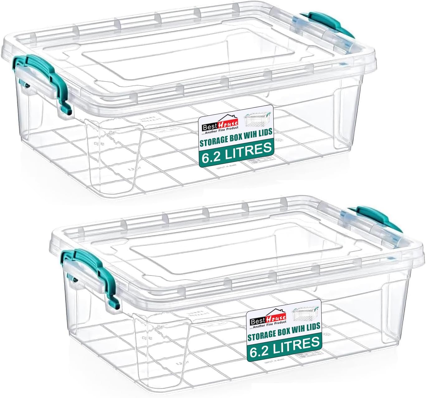 BH | 6.2L - Rectangle Multi-functional Clear Storage Boxes Containers with Lids | Pack of 2 | Heavy Duty Stackable Underbed, Boxes Use for Home, office, Kitchen, Toys and Goods - By BEST HOUSE