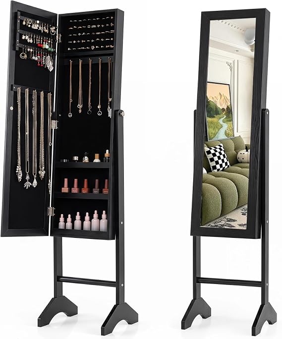 GIANTEX Jewelry Armoire with Full Length Mirror, Freestanding Jewelry Organizer Cabinet with Ring Slots, Earring Holders, Necklace Hooks & Storage Shelves for Bedroom (Black)