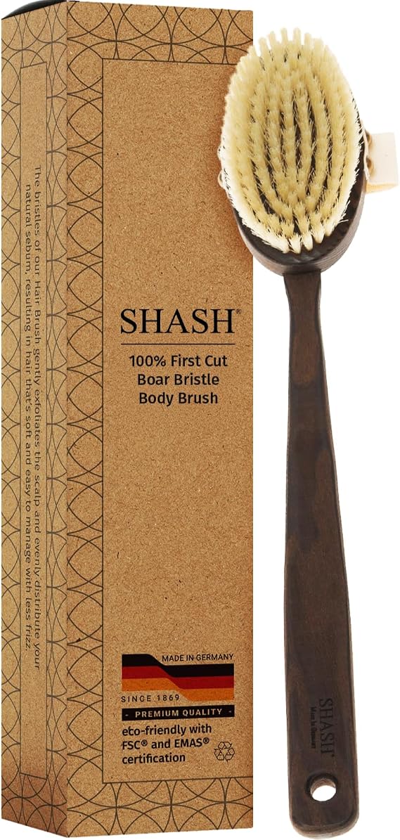 Shash Made in Germany Since 1869 - Frist Cut 100% Boar Bristle Body Brush, Gently Exfoliates Skin for a Softer, Smoother Complexion, Dry Brush Body Scrubber Promote Circulation for a Healthy Glow