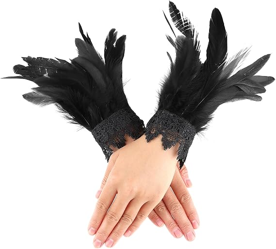 Qianyu Feather Cuffs Women Lace Wings Wrist Bracelets Gothic Mesh Gloves Wristband Accessories for Cosplay Halloween Swan Witch Costume Party
