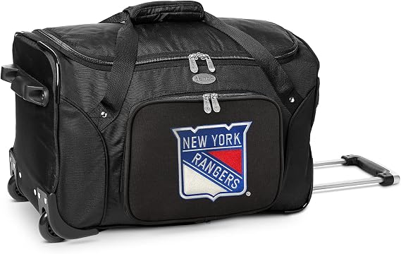 New York Rangers Lightweight 22-inch Wheeled Duffel Bag with Telescopic Handle - Perfect Overnight Bag for Travel, Weekend Getaways, Airports, Gym, and Commuting