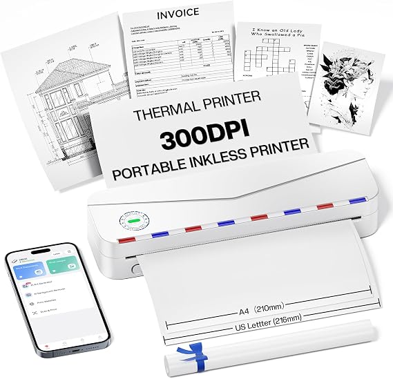 Phomemo Portable Thermal Printers for Travel, Inkless Portable Printer Support 8.5'' x 11'' US Letter Size, Wireless Printer Compatible with iOS, Android & Laptop for Office,Home,