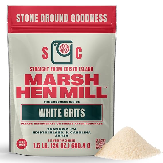 Marsh Hen Mill White Grits | Stone Ground White Corn | Gluten-Free, No Additives | Instant for Quick Meals | Family Farm Grown on Wadmalaw Island | Old-Fashioned Grits | 24 oz (Pack of 1)