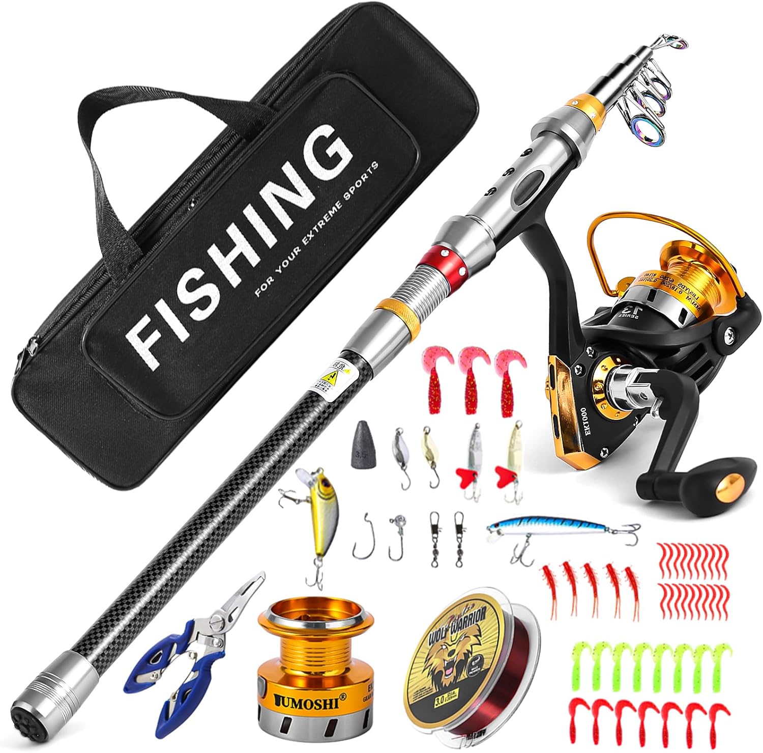 I00000 Fishing Rod and Reel Combos with Carbon Fiber Telescopic Fishing Pole - Spinning Reel Fishing Carrier Bag, Freshwater and Saltwater Fishing Rod Kit, Travel Fishing Kit